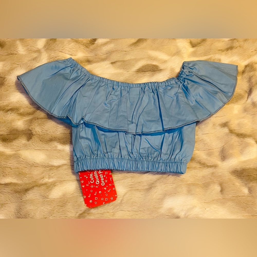 Parrot Sky Blue Off-Shoulder Ruffle Tank - Picture 3 of 6